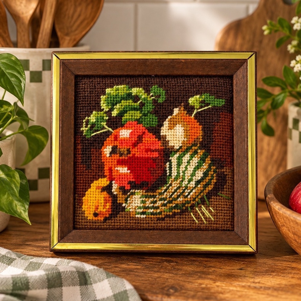 Vintage Needlepoint Vegetable Still Life Framed Shadow Box Wall Art 5x5